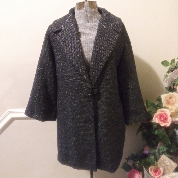 CAbi Retro 1950-60's 3/4 Sleeve Black Tweed Wool Blend Coat - Picture 1 of 8